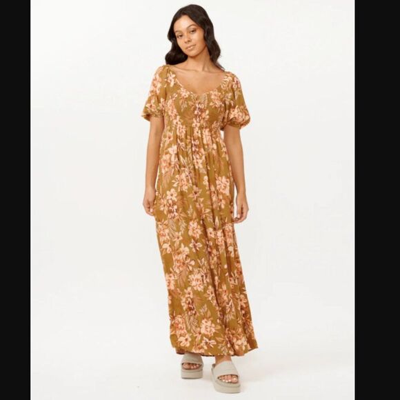 Rip Curl Floral Print Desert Dreams Smocked Poplin Maxi Dress Moss Bronze Size L - Picture 2 of 16